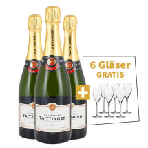 3 Flaschen Champagne Taittinger Brut Reserve + 6 Original-Gläser gratis + versandkostenfrei (D)